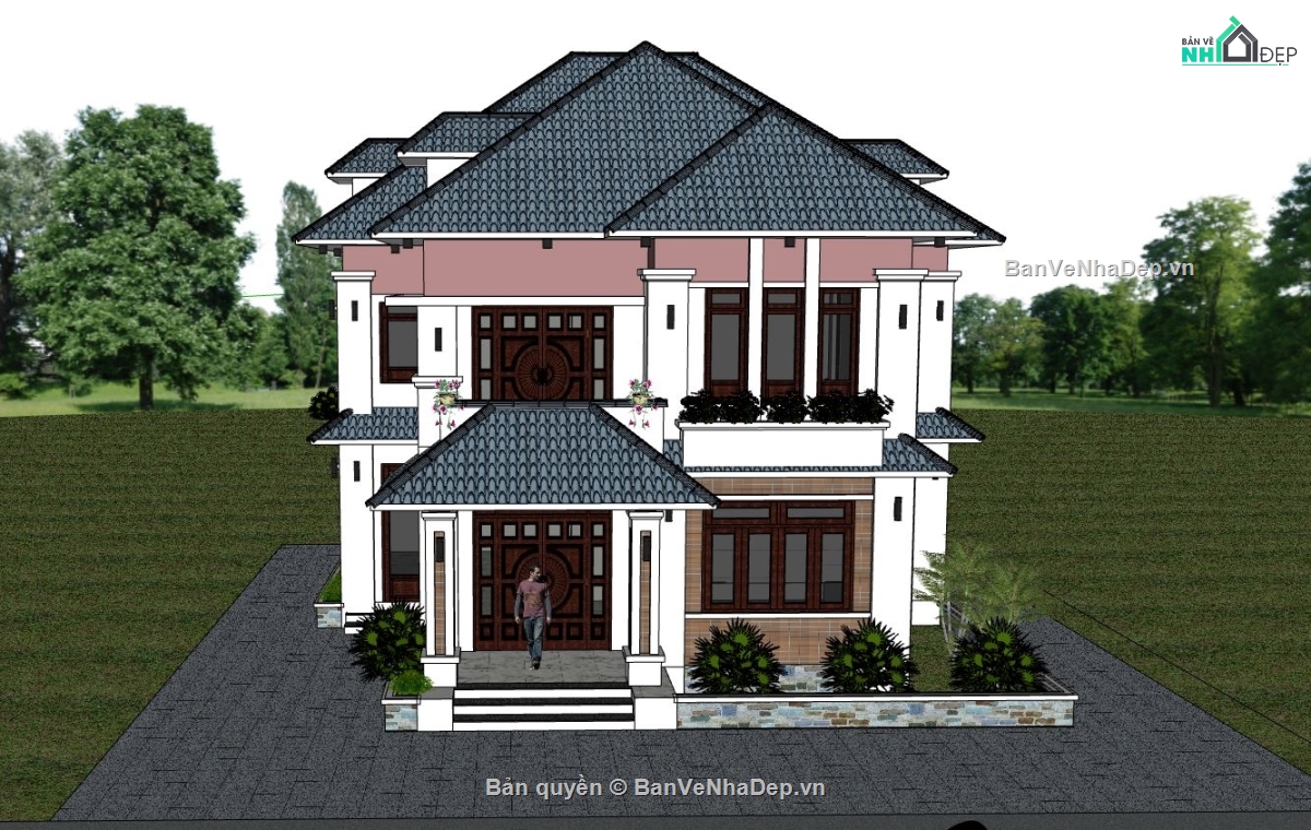 biệt thự 2 tầng,phối cảnh biệt thự,mẫu biệt thự hiện đại,sketchup biệt thự