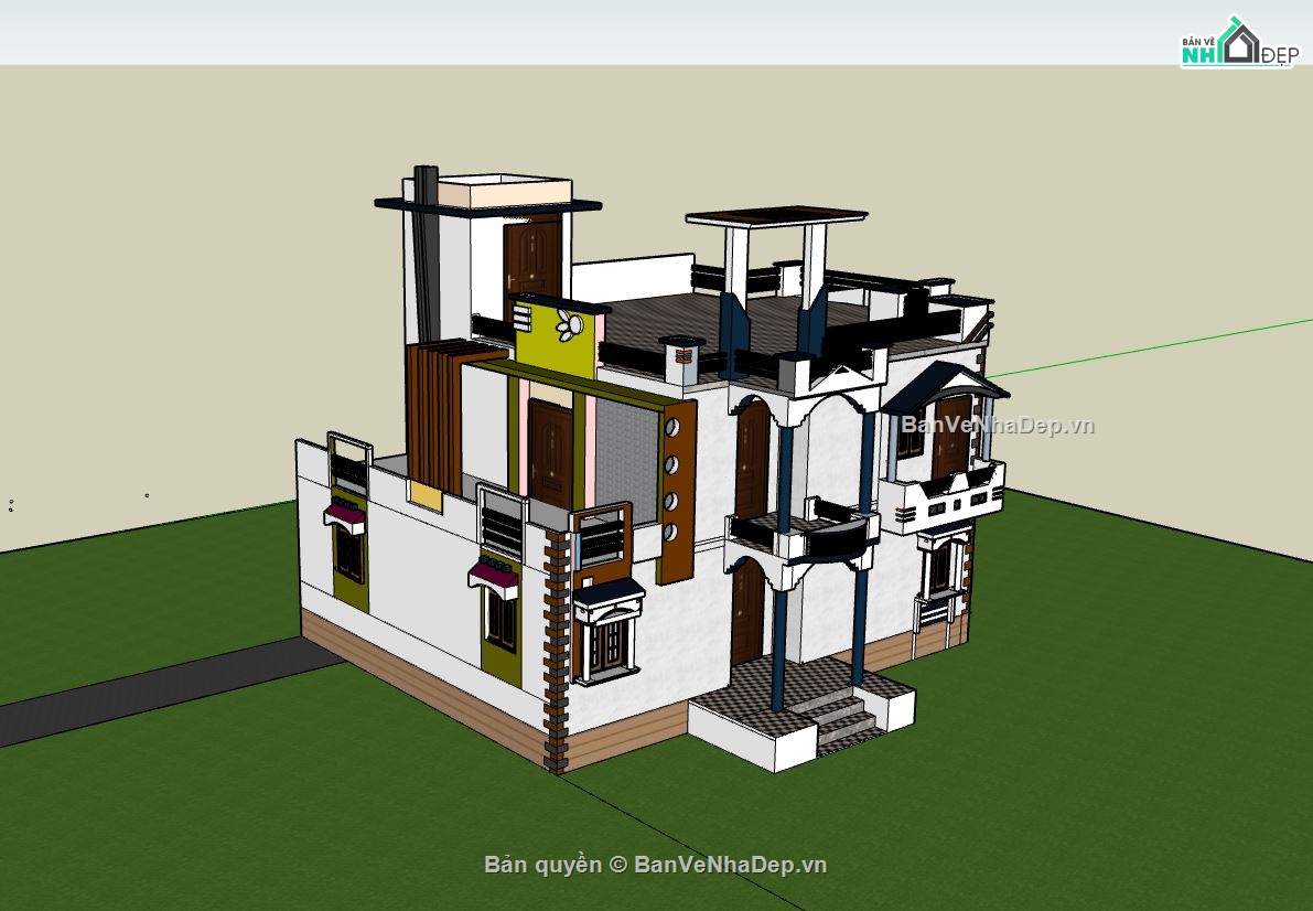 biệt thự 2 tầng,sketchup biệt thự,phối cảnh biệt thự