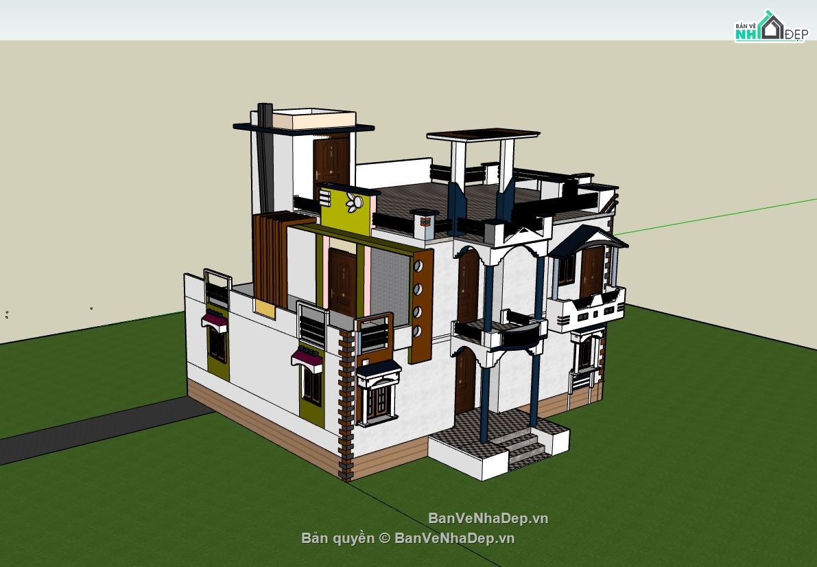 biệt thự 2 tầng,sketchup biệt thự,phối cảnh biệt thự