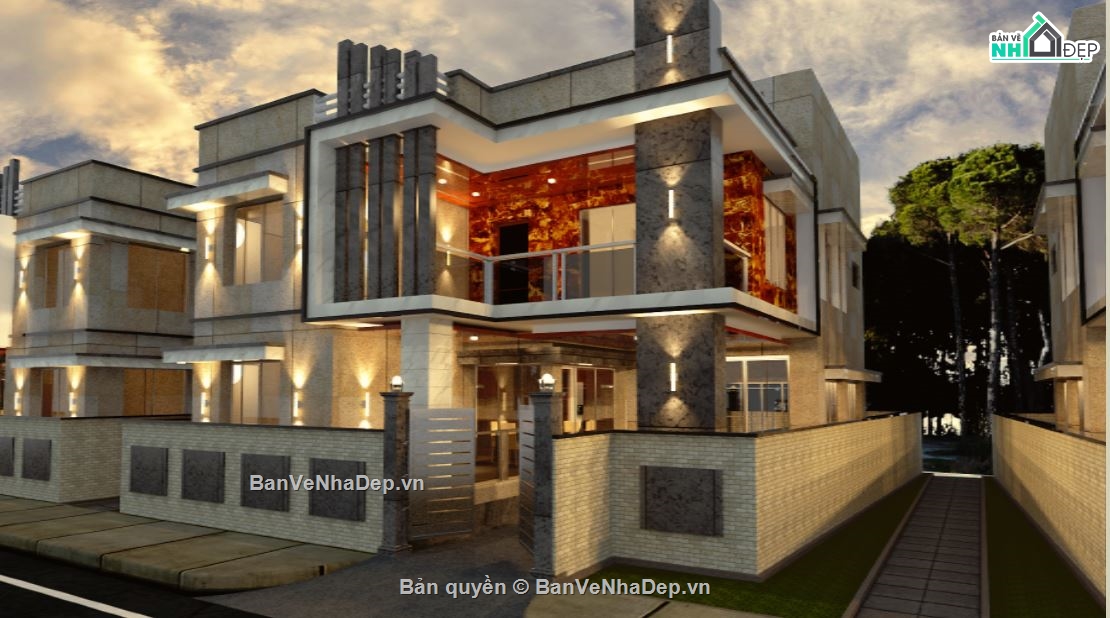 biệt thự 2 tầng,biệt thự hiện đại,sketchup biệt thự