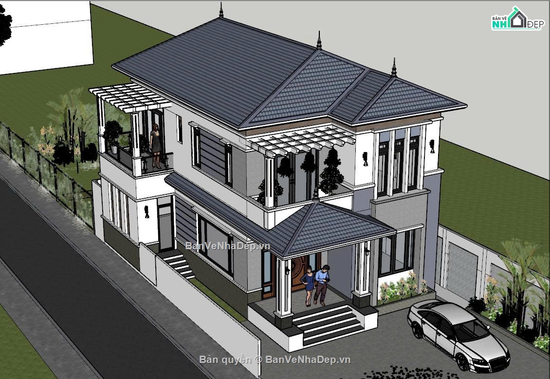 biệt thự 2 tầng,sketchup biệt thự,Mẫu nhà mái nhật 10x14m,Mẫu biệt thự 2 tầng mái nhật,File sketchup biệt thự 2 tầng
