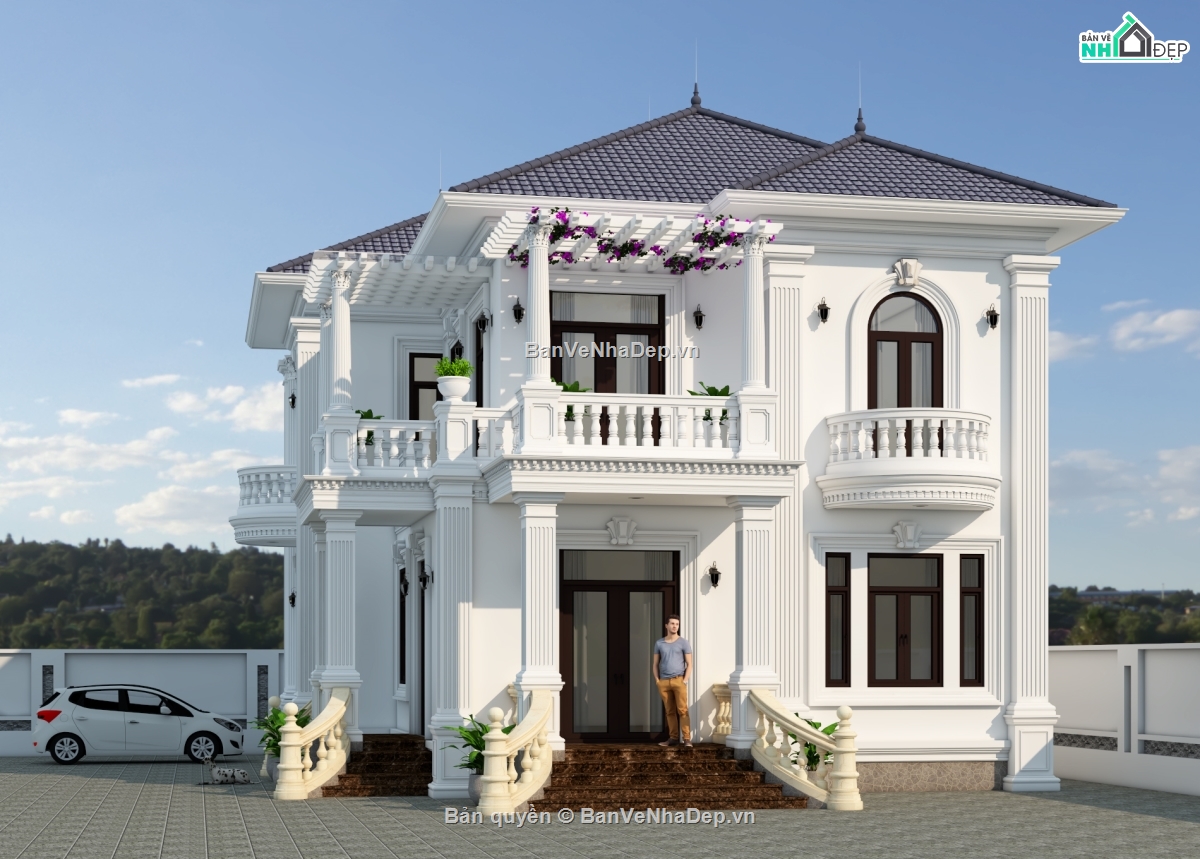 Biet thu 2 tang tan co dien,biet thu 2 tang 10x14m,biet thu 2 tang tan co dien mai Nhat