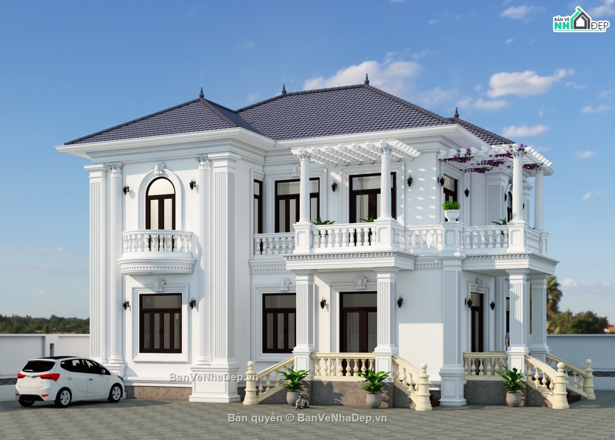 Biet thu 2 tang tan co dien,biet thu 2 tang 10x14m,biet thu 2 tang tan co dien mai Nhat