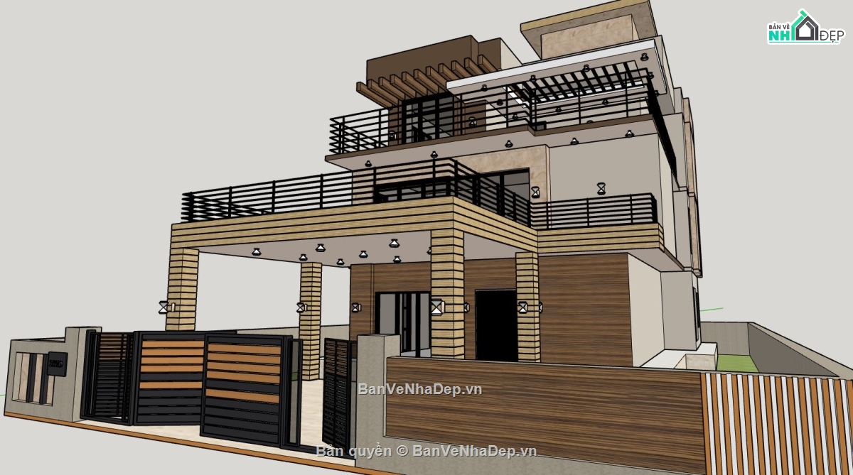 biệt thự 3 tầng,file sketchup biệt thự 3 tầng,biệt thự hiện đại