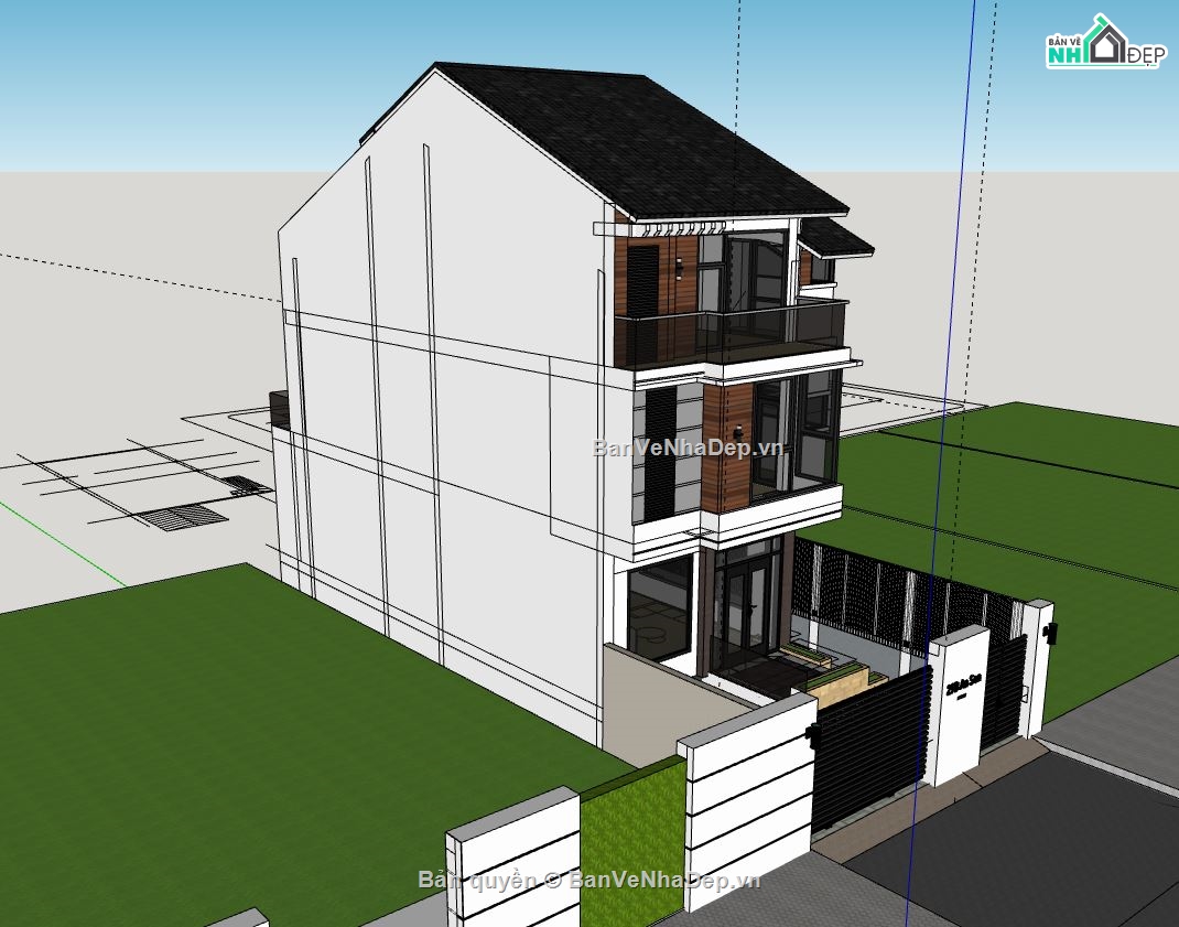 biệt thự 3 tầng,sketchup 3 tầng đẹp,phối cảnh biệt thự