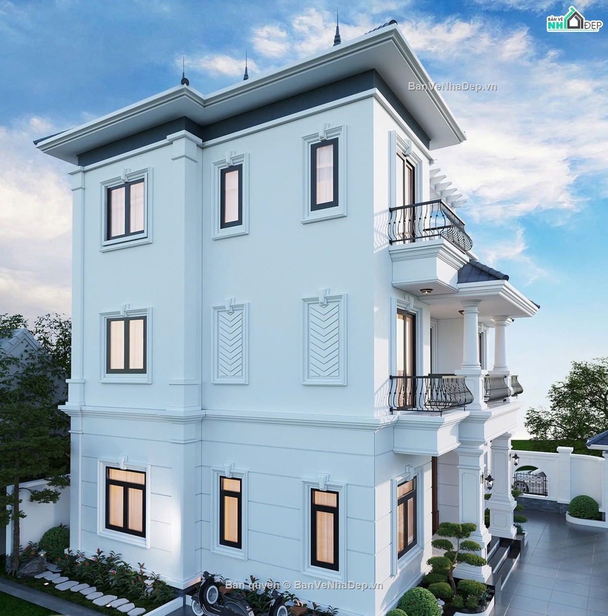 Bản vẽ biệt thự mái nhật,biệt thự 3 tầng mái nhật,biệt thự 3 tầng full file