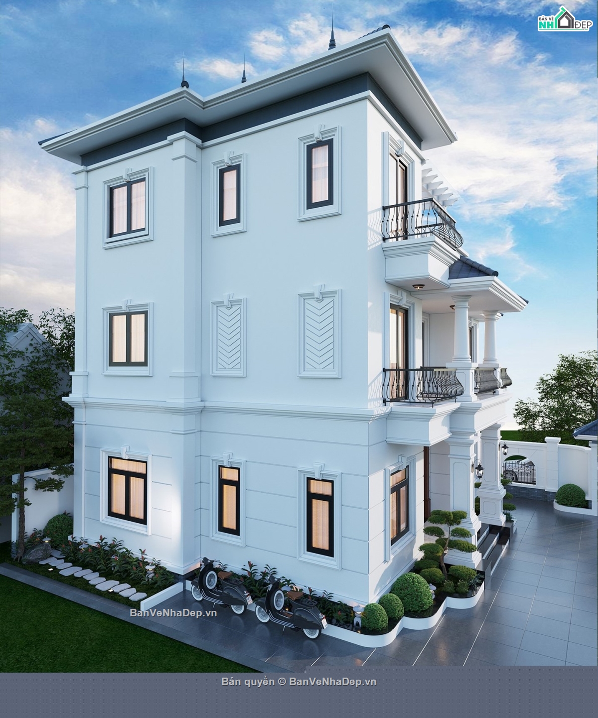 Bản vẽ biệt thự mái nhật,biệt thự 3 tầng mái nhật,biệt thự 3 tầng full file