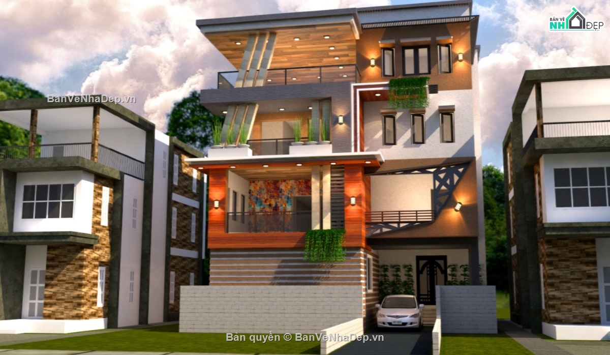 biệt thự 4 tầng,biệt thự hiện đại,bản vẽ biệt thự