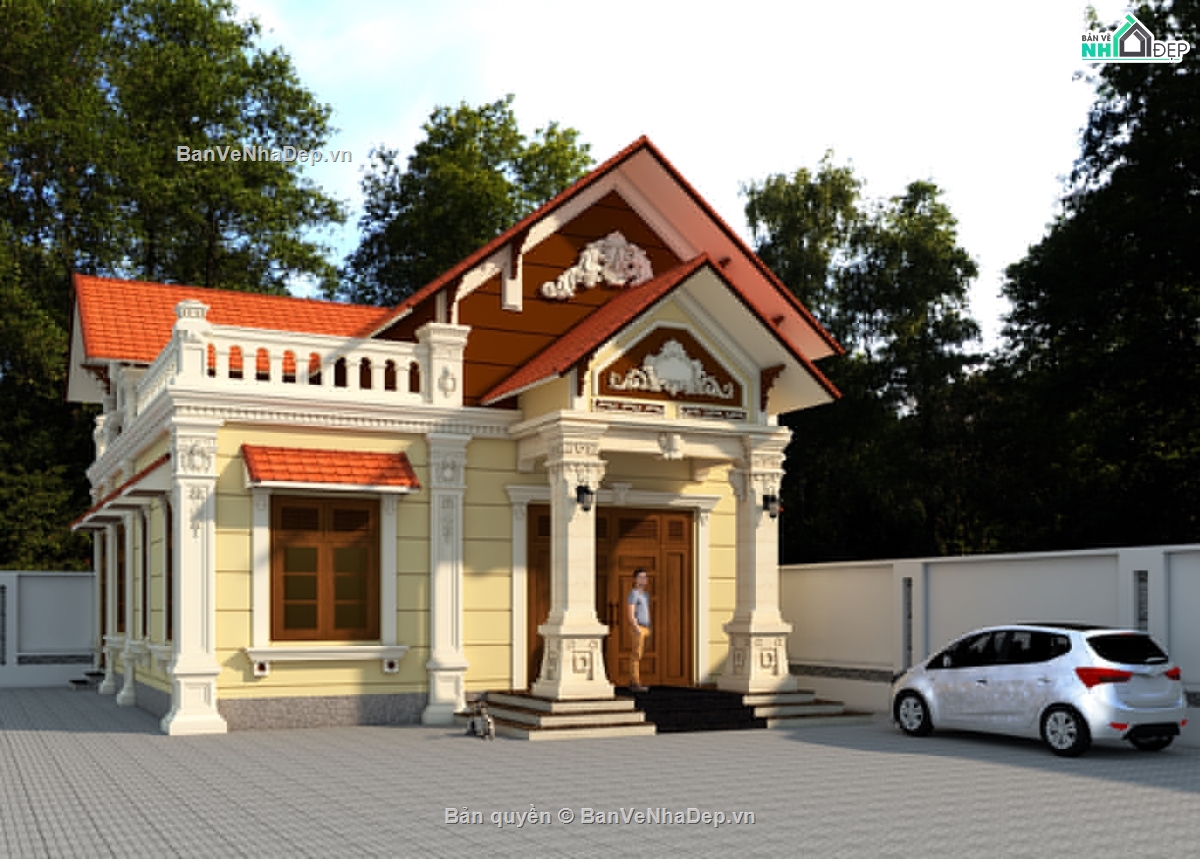 biệt thự 1 tầng,sketchup biệt thự 1 tầng,Bán vẽ autocad biệt thự 1 tầng