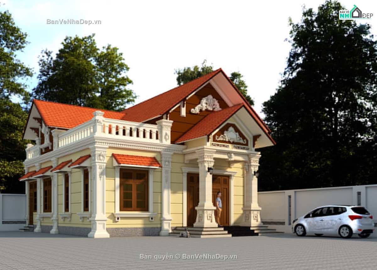 biệt thự 1 tầng,sketchup biệt thự 1 tầng,Bán vẽ autocad biệt thự 1 tầng