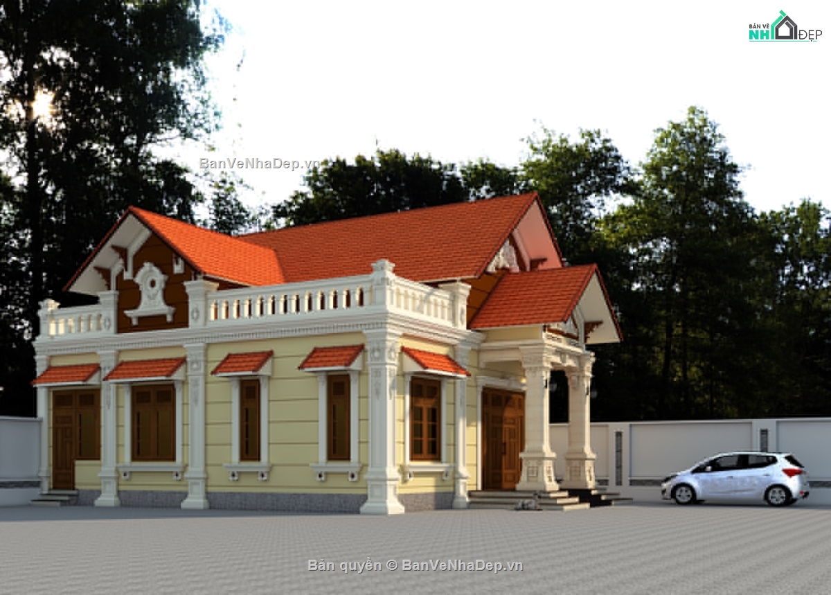 biệt thự 1 tầng,sketchup biệt thự 1 tầng,Bán vẽ autocad biệt thự 1 tầng