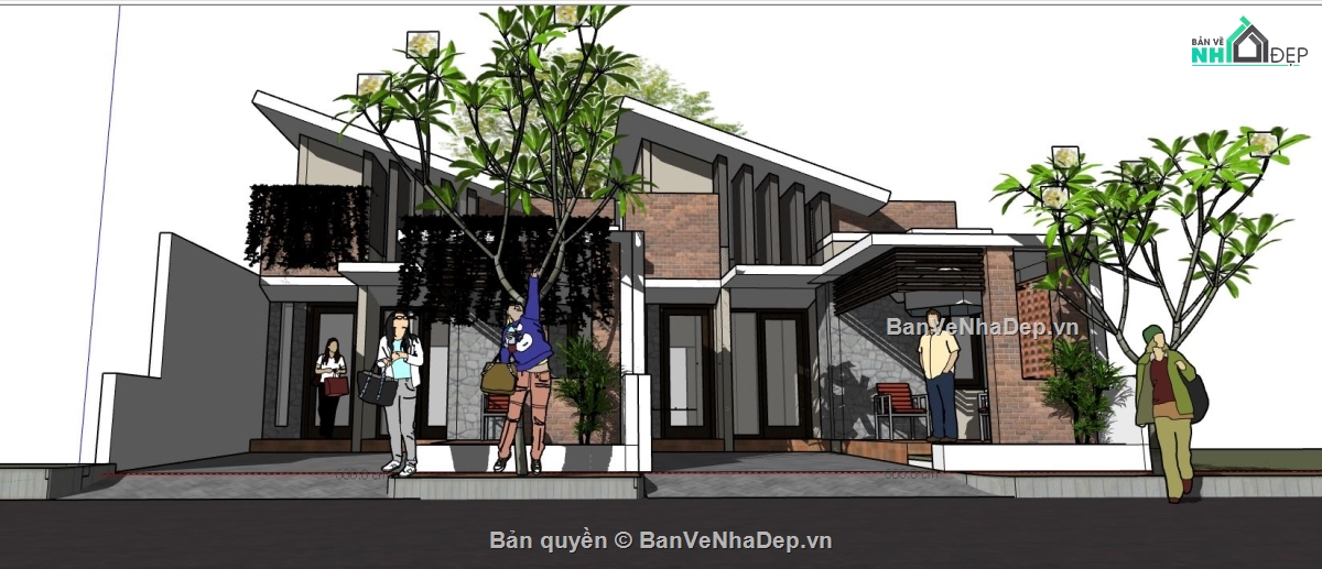 biệt thự mái lệch file su,biệt thự mái lệch 2 tầng,biệt thự 5.8x9.5m,sketchup biệt thự 2 tầng