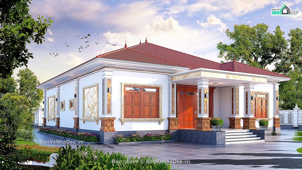 Biệt thự,File cad biệt thự 1 tầng,bản vẽ biệt thự 1 tầng