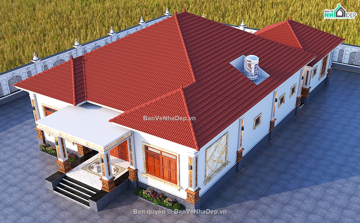 Biệt thự,File cad biệt thự 1 tầng,bản vẽ biệt thự 1 tầng