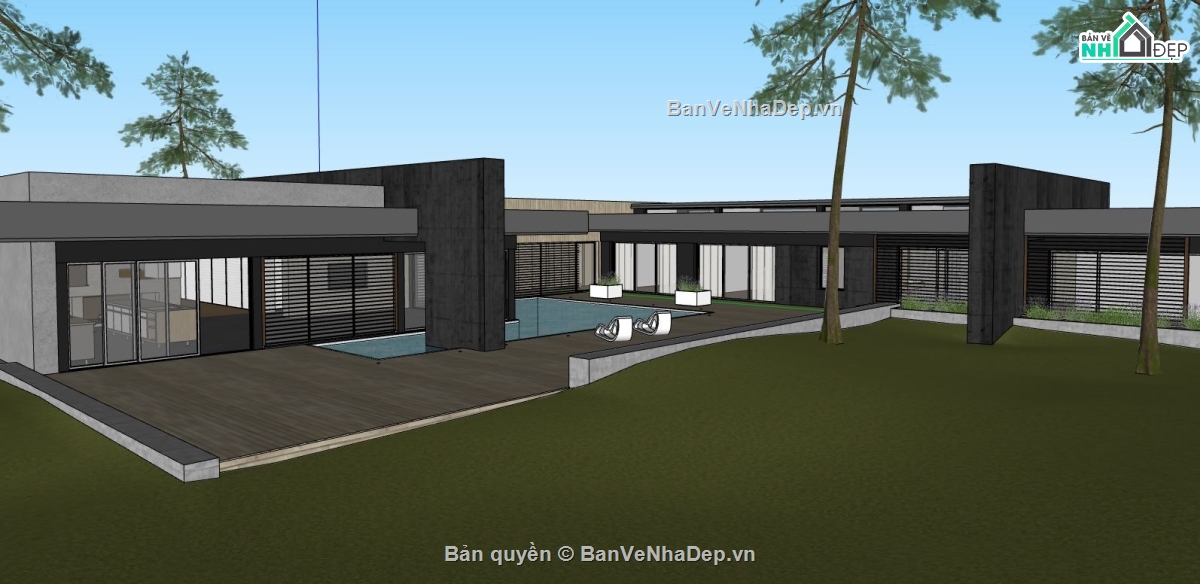 model su biệt thự 1 tầng,file sketchup biệt thự 1 tầng,mẫu biệt thự 1 tầng