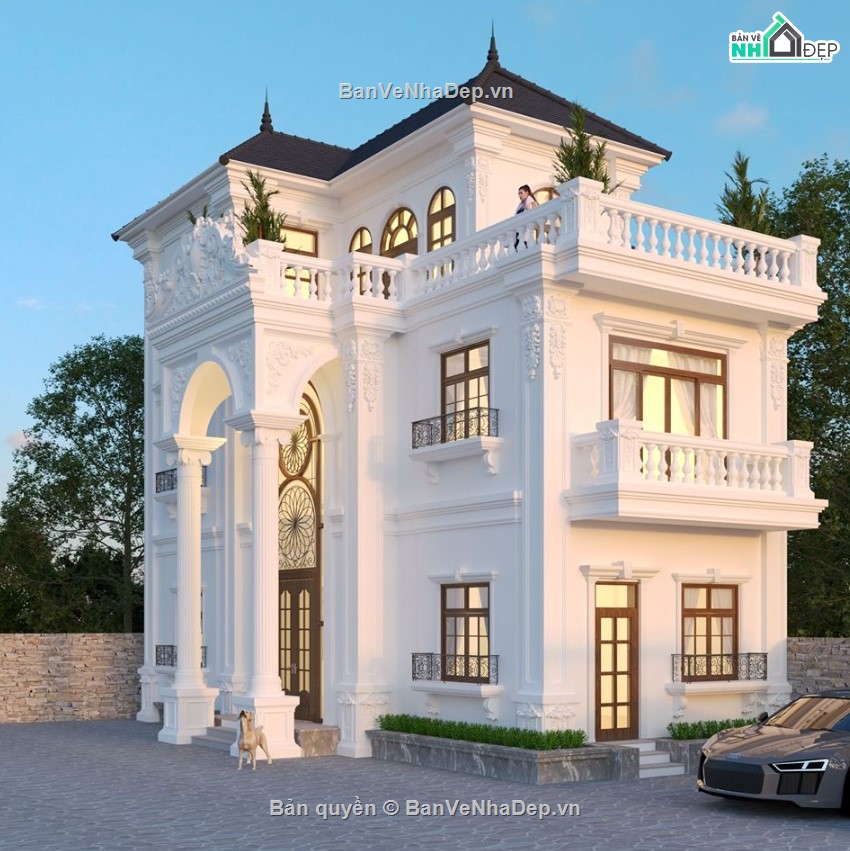 biệt thự cổ điển 3 tầng,biệt thự tân cổ 3 tầng,sketchup biệt thự 3 tầng