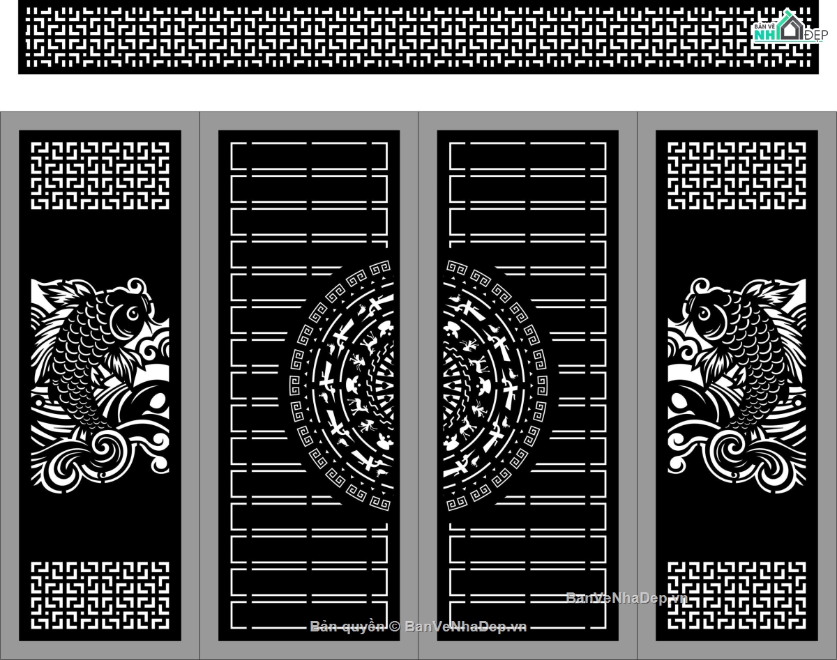 cổng đẹp 4 cánh,cổng dxf,cổng cá chép