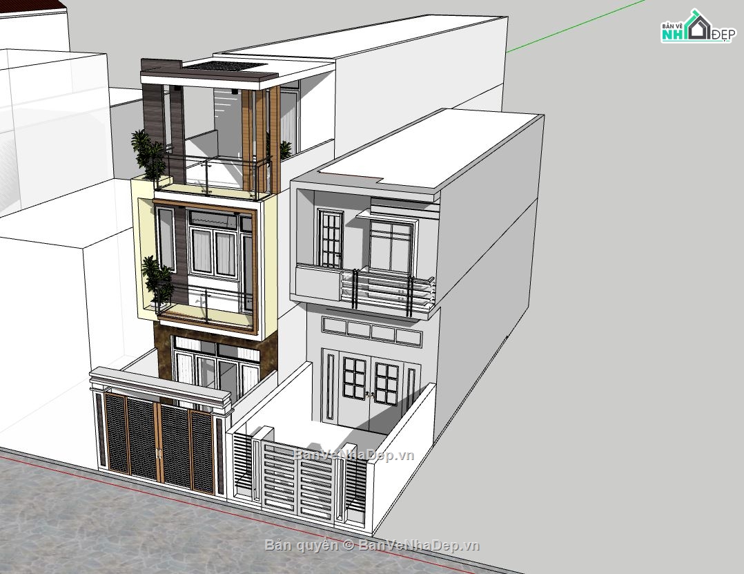 nhà phố 3 tầng,phối cảnh nhà phố,file sketchup nhà phố