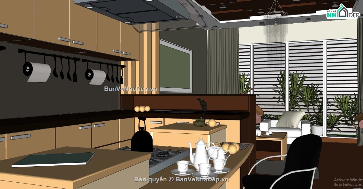 nội thất nhà phố su,sketchup nội thất khách bếp,thiết kế nội thất nhà bếp,phòng khách model sketchup
