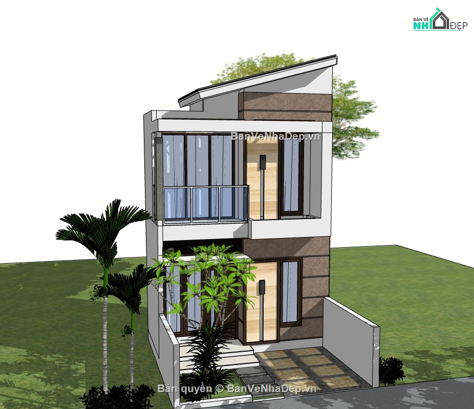 Thiết kế nhà phố,nhà phố 2 mặt tiền,nhà 2 tầng mặt phố,nhà phố sketchup,sketchup nhà phố 2 tầng