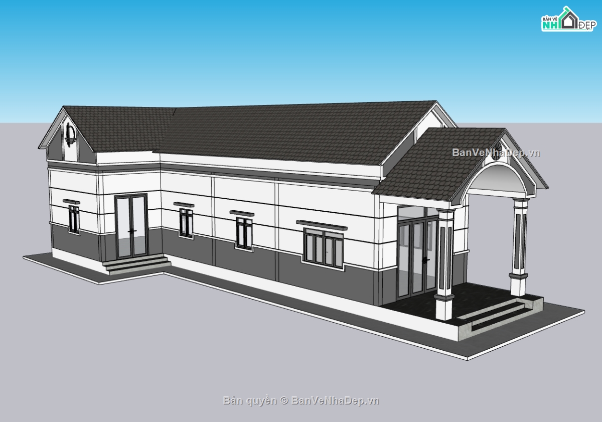 nhà chữ L,nhà 1 tầng,su nhà 1 tầng,sketchup nhà 1 tầng