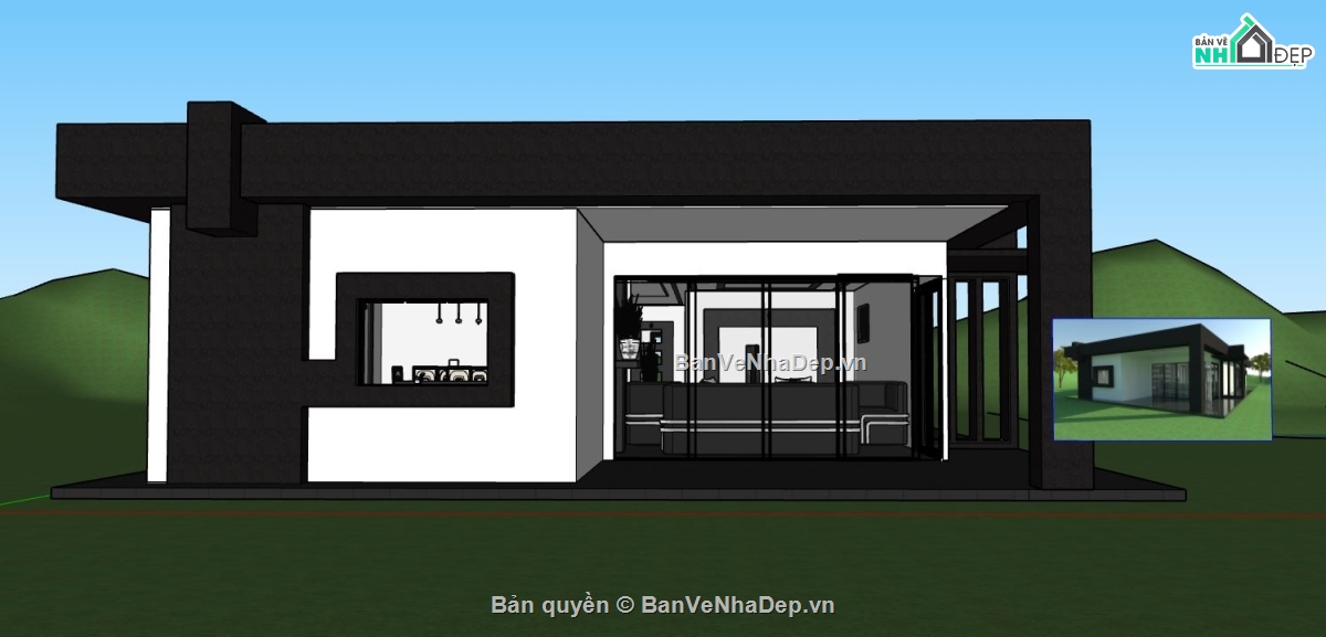 bản vẽ su nhà 1 tầng,mẫu nhà 1 tầng sketchup,su nhà 1 tầng