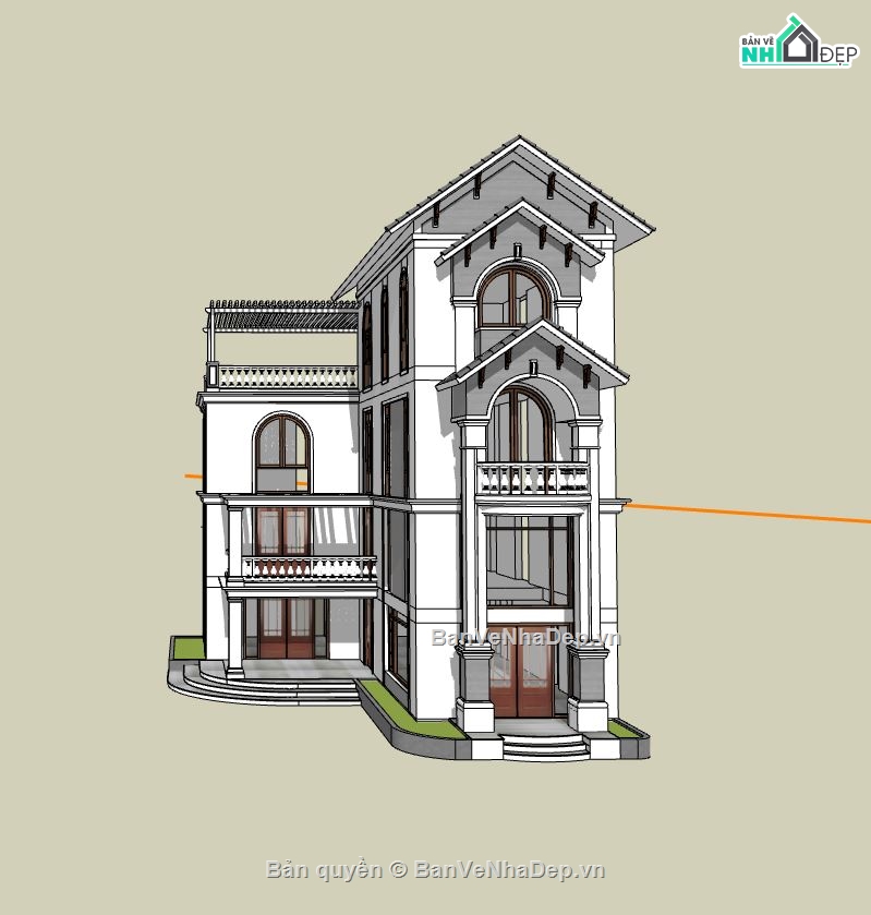 nhà chữ L,nhà 4 tầng chữ L,sketchup nhà chữ L