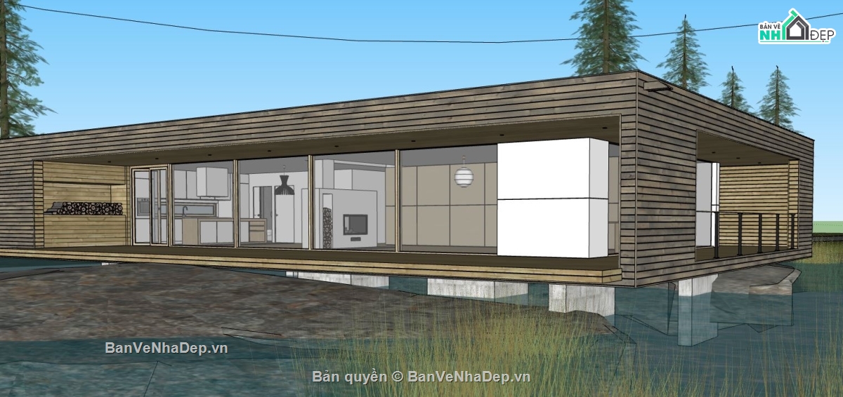 sketchup nhà 1 tầng,model su nhà ở 1 tầng,file su nhà ở 1 tầng