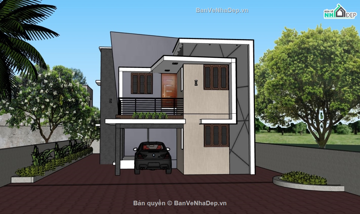 nhà phố 2 tầng,file sketchup nhà phố hiện đại,mẫu nhà phố 2 tầng,phối cảnh nhà phố 2 tầng