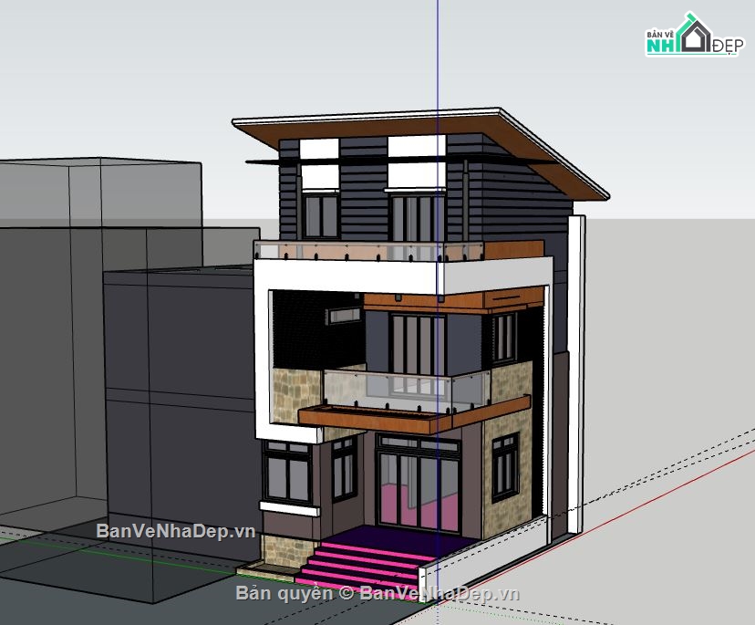 Nhà phố 3 tầng,Model su nhà phố 3 tầng,sketchup nhà phố 3 tầng