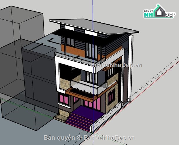 Nhà phố 3 tầng,Model su nhà phố 3 tầng,sketchup nhà phố 3 tầng