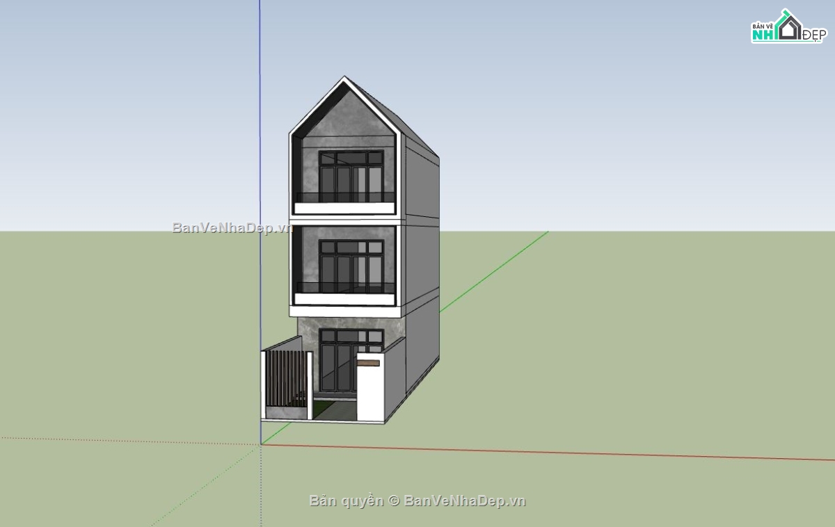 nhà phố 3 tầng,file sketchup nhà phố 3 tầng,phối cảnh nhà phố