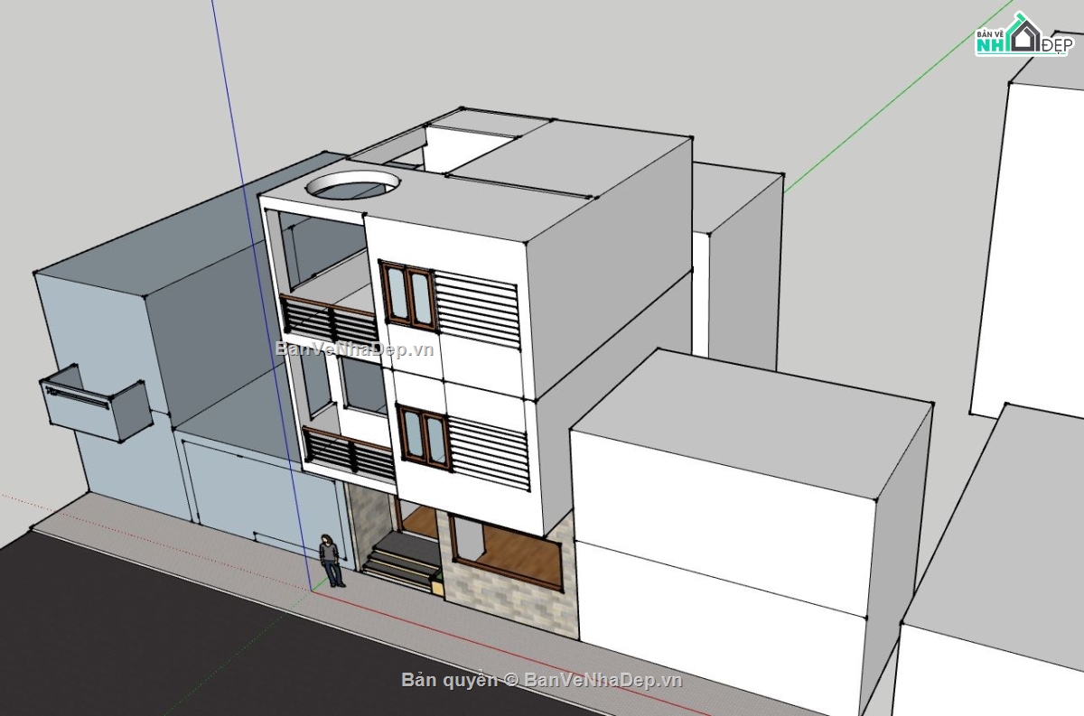 sketchup Nhà phố 3 tầng,phối cảnh nhà phố 3 tầng,nhà phố 3 tầng