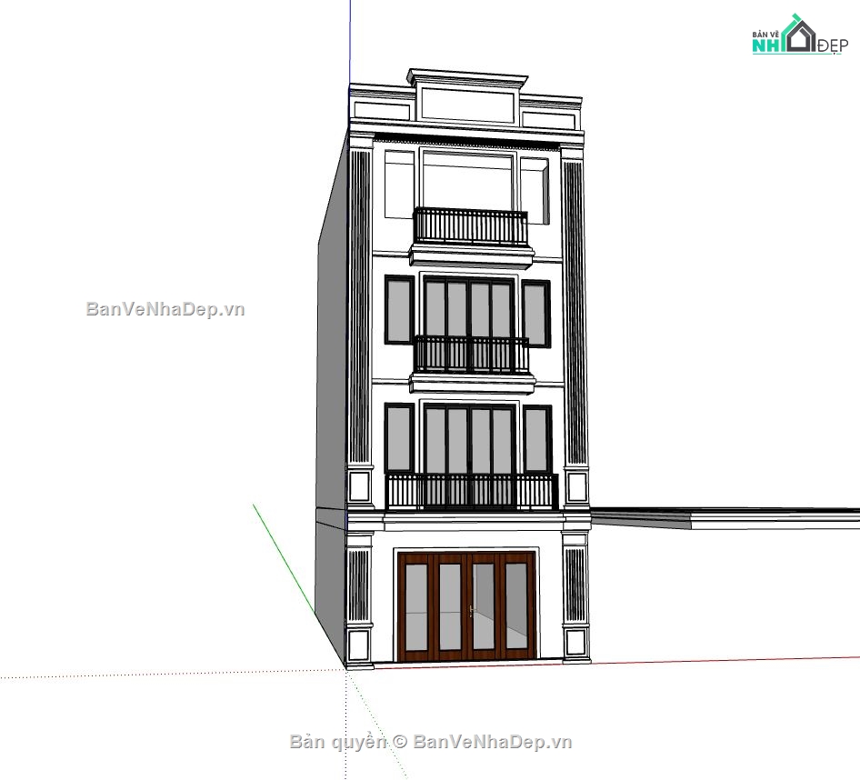 nhà 4 tầng,mẫu nhà phố 4 tầng,phối cảnh nhà phố 4 tầng,file sketchup nhà phố 4 tầng,bản vẽ nhà phố 4 tầng