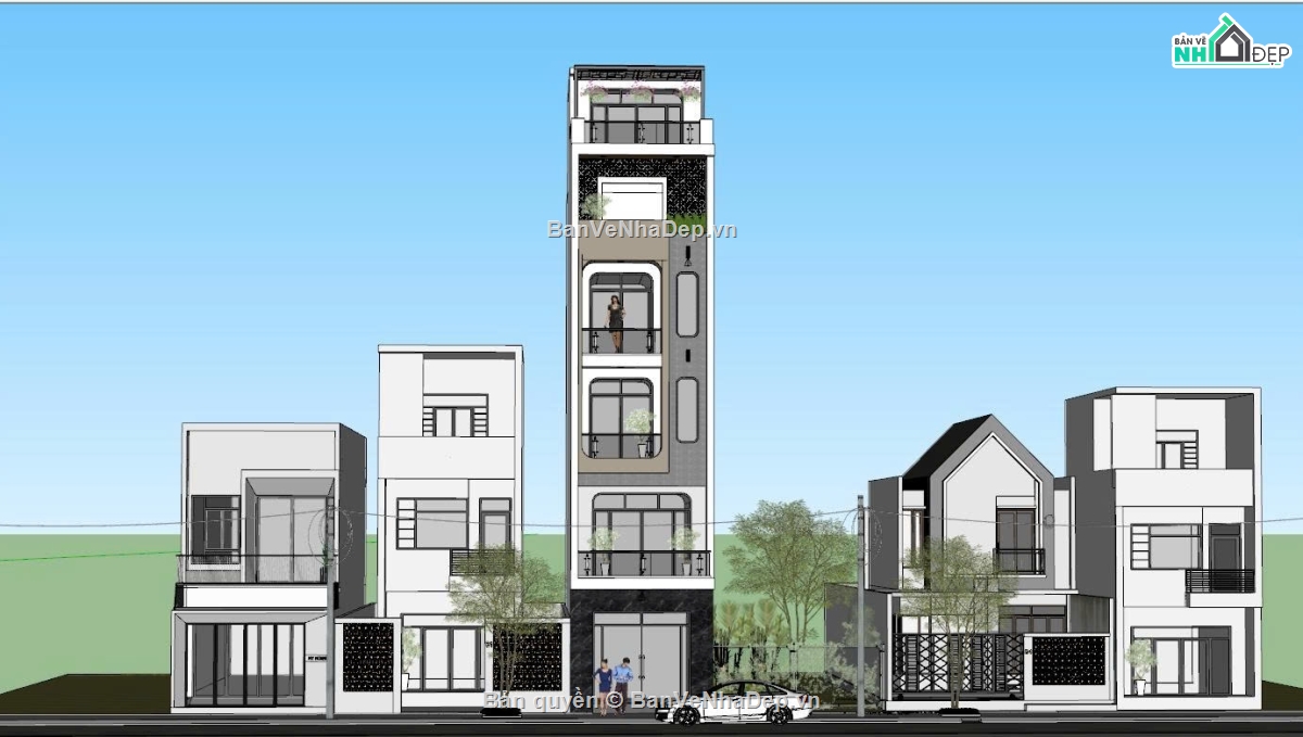 nhà phố 5 tầng,nhà phố sketchup,nhà 5 tầng,Mẫu nhà phố,Thiết kế nhà phố 5 tầng