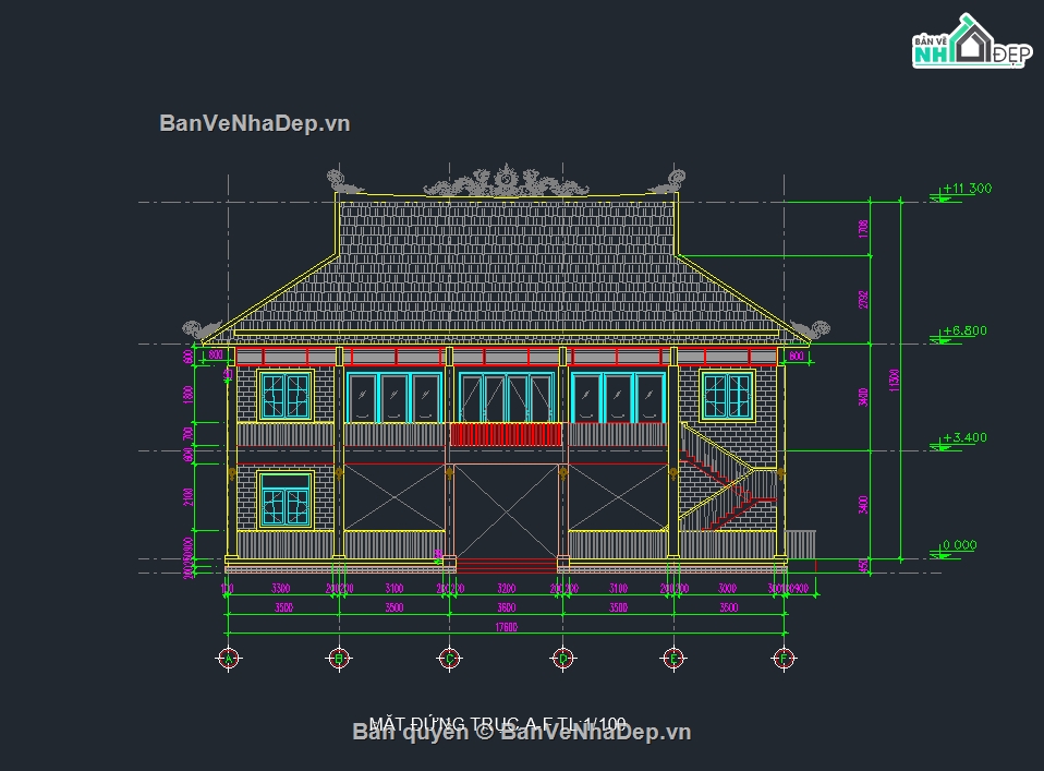 nhà thờ họ,nhà 3 gian,bản vẽ nhà thờ họ,mẫu nhà thờ họ,autocad nhà thờ,hồ sơ nhà thờ họ