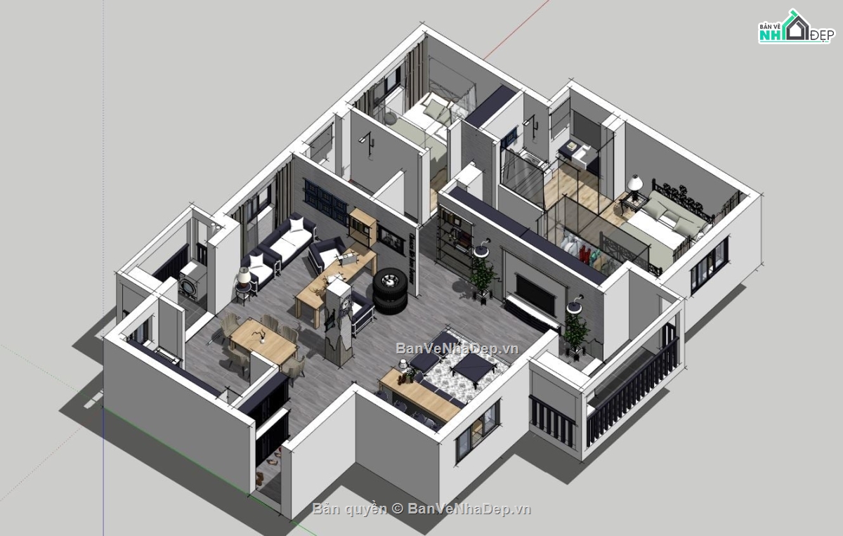 sketchup nội thất chung cư,sketchup nội thất hiện đại,sketchup nội thất khách bếp,su nội thất căn hộ