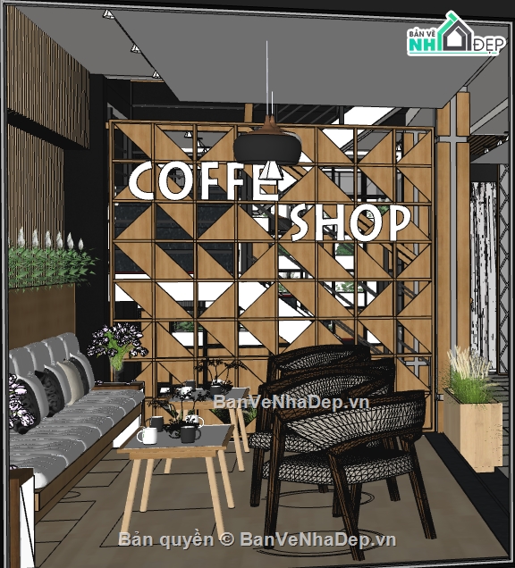 Thiết kế nội thất quán coffee file su,quán coffee sketchup,mẫu sketchup nội thất quán coffee
