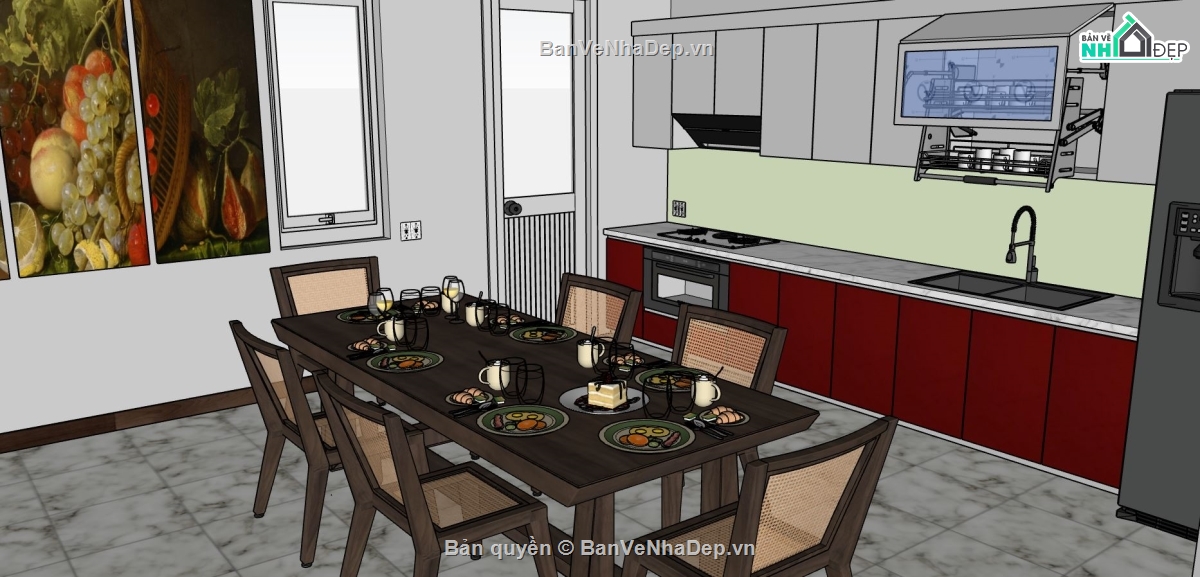 thiết kế phòng ăn sketchup,phòng ăn hiện đại su,phòng ăn su đẹp,model sketchup phòng ăn