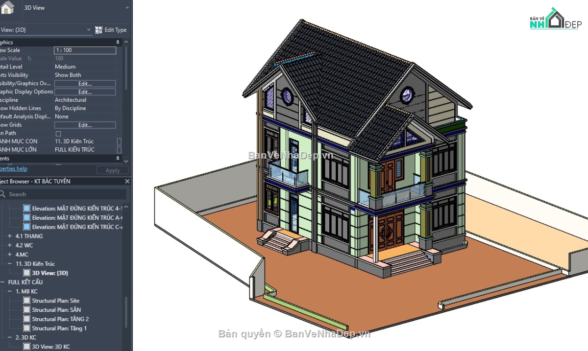 revit biệt thự,revit biệt thự đẹp,revit nhà dân,revit nhà mái thái,thiết kế revit nhà dân