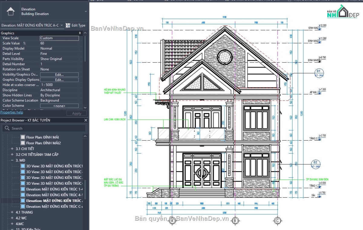 revit biệt thự,revit biệt thự đẹp,revit nhà dân,revit nhà mái thái,thiết kế revit nhà dân