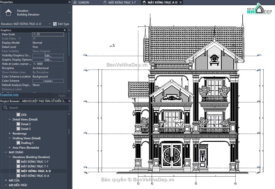 Mẫu revit tân cổ điển,file revit biệt thự tân cổ,file revit biệt thự đẹp,mẫu revit biệt thự đẹp,revit biệt thự,thiết kế revit biệt thự
