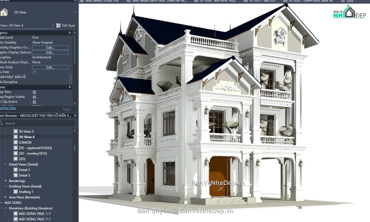 Mẫu revit tân cổ điển,file revit biệt thự tân cổ,file revit biệt thự đẹp,mẫu revit biệt thự đẹp,revit biệt thự,thiết kế revit biệt thự
