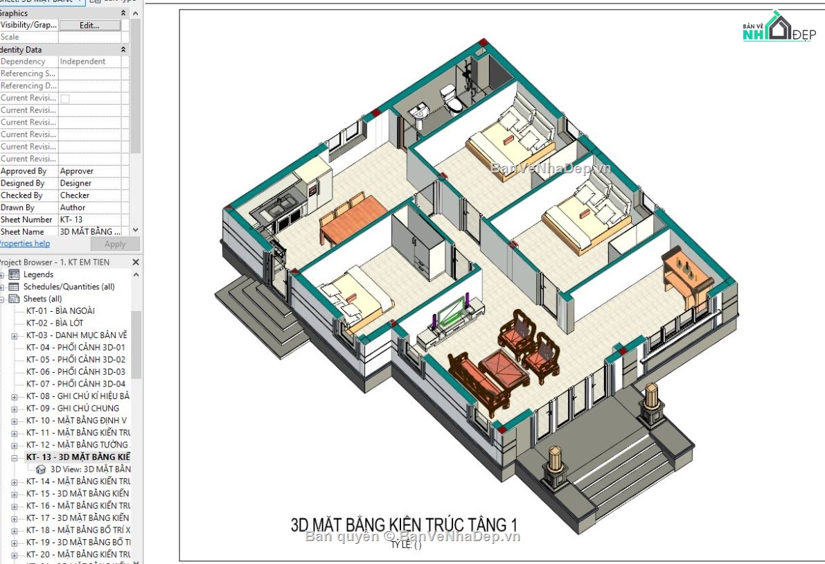 mẫu revit nhà đẹp,mẫu revit nhà mái thái,revit nhà 1 tầng,thiết kế revit nhà vườn,Biệt thự mái thái 1 tầng,file revit biệt thự mái thái