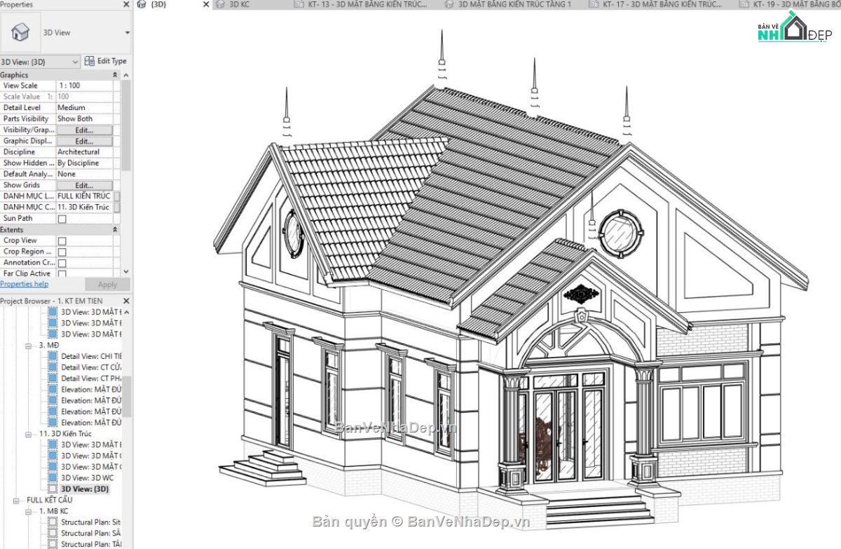 mẫu revit nhà đẹp,mẫu revit nhà mái thái,revit nhà 1 tầng,thiết kế revit nhà vườn,Biệt thự mái thái 1 tầng,file revit biệt thự mái thái