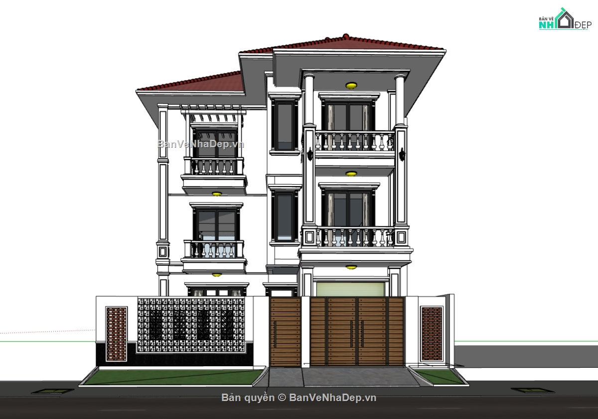 su biệt thự,sketchup biệt thự,biệt thự 3 tầng