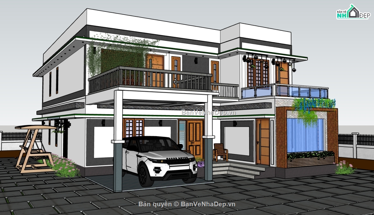 biệt thự 2 tầng,su biệt thự,sketchup biệt thự