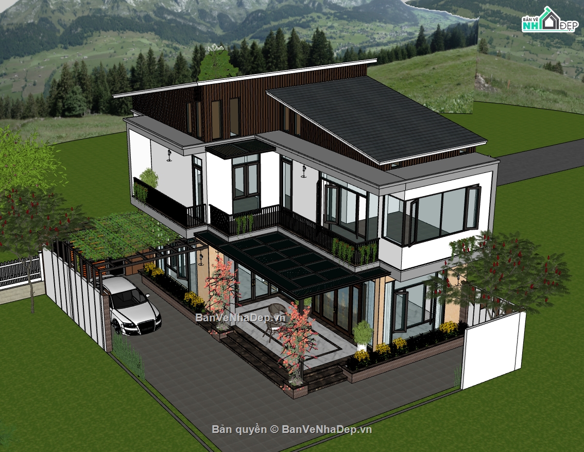 biệt thự 2 tầng,su biệt thự,sketchup biệt thự