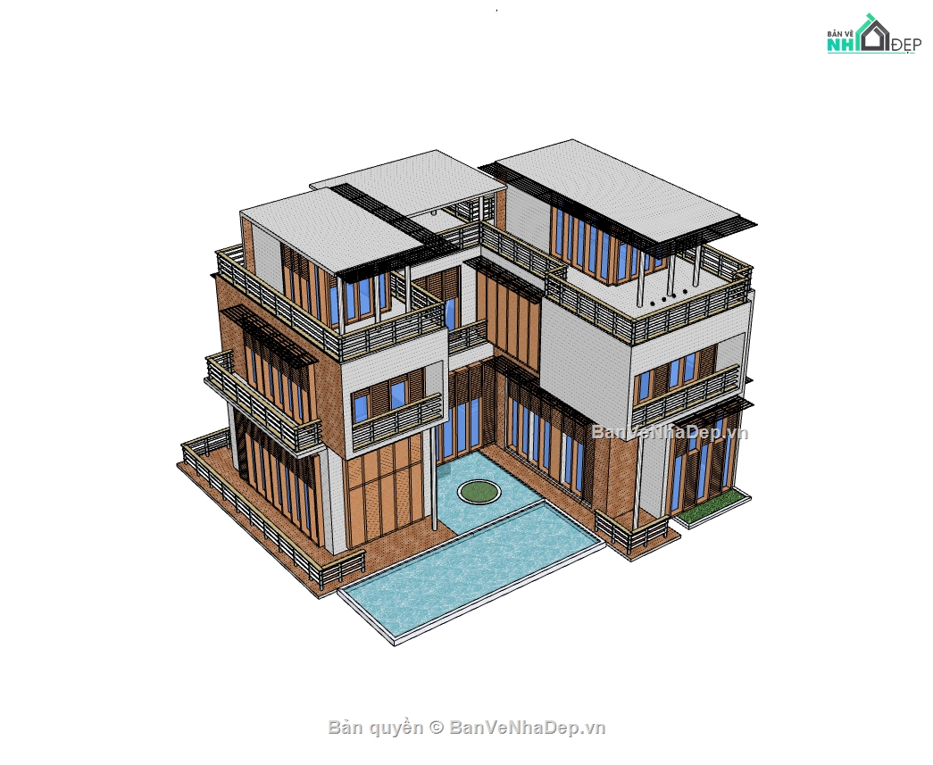 biệt thự 3 tầng,su biệt thự,sketchup biệt thự