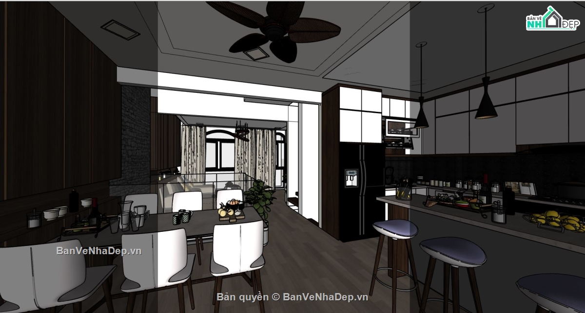 sketchup nội thất chung cư,sketchup phòng khách bếp chung cư,model su nội thất phòng bếp